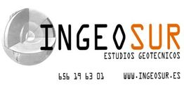 Logotipo de Ingeosur, con detalles de contacto y una esfera geométrica a la izquierda.