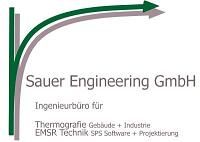 Logo von Sauer Engineering GmbH mit grünem Pfeil und Text zu Ingenieurdienstleistungen.
