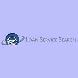 Logo with a blue spiral shape and text: "Loan Service Search" on a light purple background.
