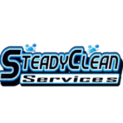 SteadyClean Services logo with blue bubbles on a black background.