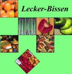 Kürbisse, Spargel, Paprika und Nudeln auf grünem Hintergrund mit Text "Lecker-Bissen".