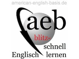Logo mit "aeb blitz-schnell Englisch lernen" und einer großen, stilisierten schwarzen Swoosh-Linie.
