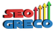 Text "SEO Greco" in bunten Buchstaben mit Pfeilen nach oben.