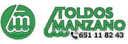 Logo de "Toldos Manzano" con icono verde y número de teléfono: 651 11 02 43.
