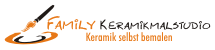 Logo mit Pinsel und Keramik, Text: "Family Keramikmalstudio - Keramik selbst bemalen".