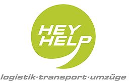 Grünes HeyHelp-Logo mit Text "Logistik, Transport, Umzüge" darunter.