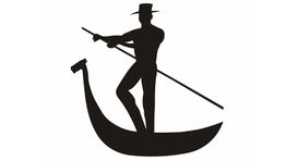 Silhouette of a gondolier rowing a gondola with a hat and pole.