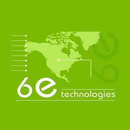 Green background with "6e technologies" logo and stylized world map design.