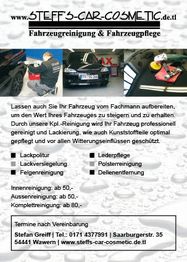 Autoaufbereitung Werbung mit Text zu Lackpolitur, Innenreinigung und Kontaktdaten.