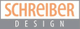 Logo mit der Aufschrift "SCHREIBER DESIGN" in orange und grau auf weißem Hintergrund.