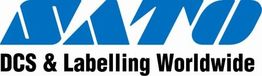 Logo mit blauem Text "SATO", darunter "DCS & Labelling Worldwide" in schwarz.