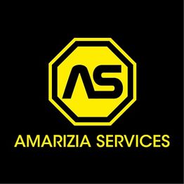 Zwart logo met gele tekst en een achtkantig symbool met letters "AS". Tekst: Amarizia Services.