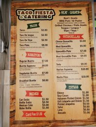 Taco Fiesta menu with tacos, burritos, quesadillas, and drinks. Prices range from $1 to $10.
