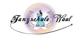 Logo mit Tänzern und Text "Tanzschule Waal" vor einem runden, bunten Hintergrund.