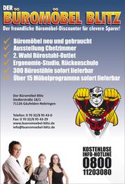 Werbung für Büromöbel Blitz mit Angebotstext, Hotline-Nummer und Comicfigur.