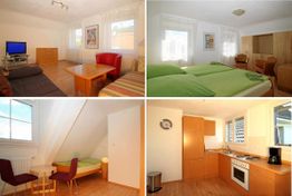 Vier helle Zimmer: Wohnzimmer, Schlafzimmer, kleines Zimmer und Küche; modern eingerichtet.