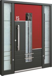 Moderne Haustür mit Glaseinsätzen, rotem Hintergrund und der Zahl 15 oben links.