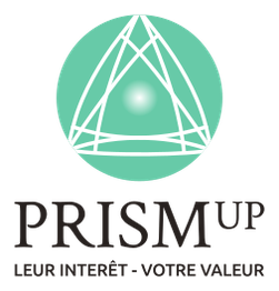Logo vert avec un triangle stylisé et texte « PRISM UP - Leur intérêt, votre valeur ».