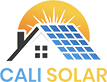 Solar panel on a roof with a sun and the words "Cal Solar" below in a logo design.