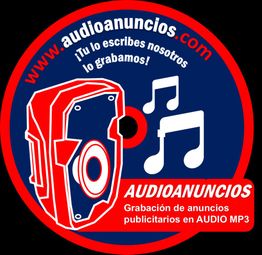 Logo de audioanuncios.com con altavoz y notas musicales, texto: "Grabación en AUDIO MP3".