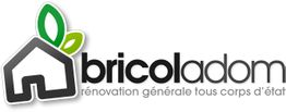 Logo de "bricoladom" avec une maison et des feuilles vertes. Texte: "rénovation générale tous corps d'état".