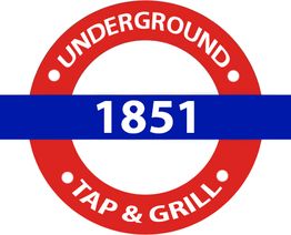 Red circle with "Underground Tap & Grill" and blue bar reading "1851" in the center.