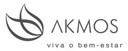 Logotipo da Akmos com slogan "viva o bem-estar" e símbolo de três folhas entrelaçadas.