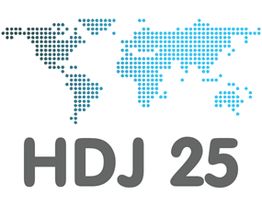 Weltkarte aus Punkten über dem Text "HDJ 25" in moderner Schriftart.