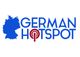 Blaues Deutschlandprofil und „German Hotspot“-Text mit rotem WLAN-Symbol auf weißem Hintergrund.