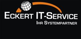 Schwarzes Logo mit "Eckert IT-Service" und "Ihr Systempartner" in weißem Text, Globus-Symbol.