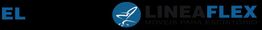 Logotipo azul e preto "LINEAFLEX", com um ícone de cadeira. Texto: "Móveis para Escritório".
