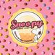 Logo de "Snoopy Heladería-Crepería" en fondo rosa con dulces de colores.