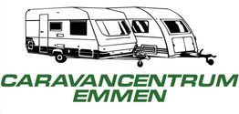 Twee caravans naast elkaar met de tekst "Caravancentrum Emmen" eronder in groene letters.