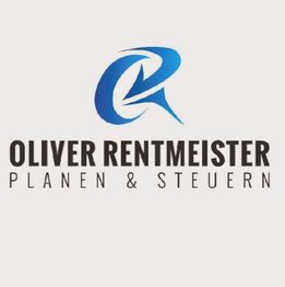 Logo mit blauem Symbol, Text: "Oliver Rentmeister Planen & Steuern".