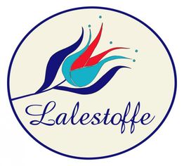 Logo von Lalestoffe mit stilisierter Blume in Blau und Rot in einem Kreis.