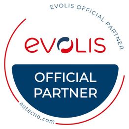 Logo de Evolis, socio oficial, con diseño circular en azul y rojo.