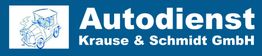 Logo von Autodienst Krause & Schmidt GmbH mit Zeichnung eines Autos, weiß auf blauem Hintergrund.