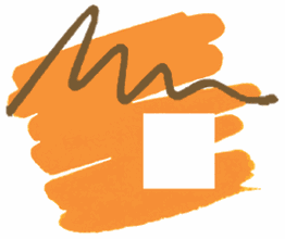 Orange Pinselstriche mit brauner Zickzacklinie und weißem Quadrat darüber.
