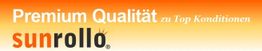 Schriftzug: "Premium Qualität zu Top Konditionen - sunrollo" auf orange-weißem Hintergrund.