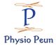 Logo von "Physio Peun" mit blauem Buchstaben "P" und orangen Verzierungen.