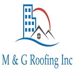 Logo of M & G Roofing Inc. featuring a building and roof design with a red arc above.
