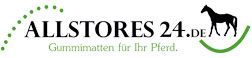 Logo von Allstores24.de mit Pferdesymbol und Text: "Gummimatten für Ihr Pferd".
