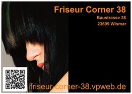 Werbung für "Friseur Corner 38" mit Adresse, QR-Code und Porträtfoto einer Frau mit schwarzen Haaren.