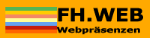 Logo mit bunten Streifen, Text: "FH.WEB Webpräsenzen" auf orangefarbenem Hintergrund.