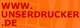 Roter Text "WWW.UNSERDRUCKER.DE" auf orangefarbenem Hintergrund.
