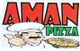 Ein Koch mit Pizza und Daumen hoch; Schriftzug "Aman Pizza" in Rot und Grün.