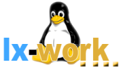 Pinguin-Maskottchen mit Text: "lx-work" in blau und gelb.