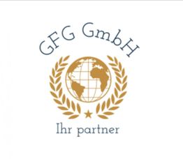 Logo mit Globus, Lorbeerkranz und Text "GFG GmbH, Ihr Partner" in Blau und Gold.