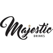 Logotipo da Majestic Drinks com texto em preto e uma estrela dourada acima do "j".