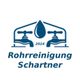 Logo mit zwei Wasserhähnen und Tropfen, Text: Rohrreinigung Schartner, 2024.